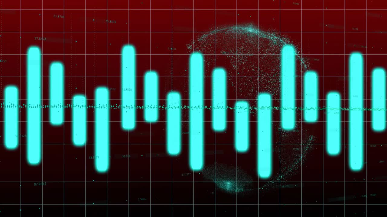 On red grid appearing, cyan bars rising and pulsing around sphere, receding to illustrate waveform