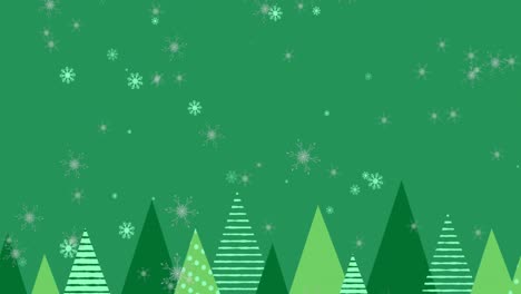 Animation-of-green-winter-landscape-with-trees-and-snowflakes
