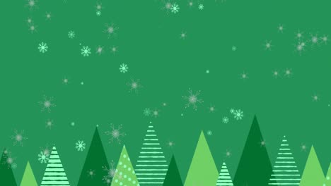 animation of green winter landscape with trees and snowflakes