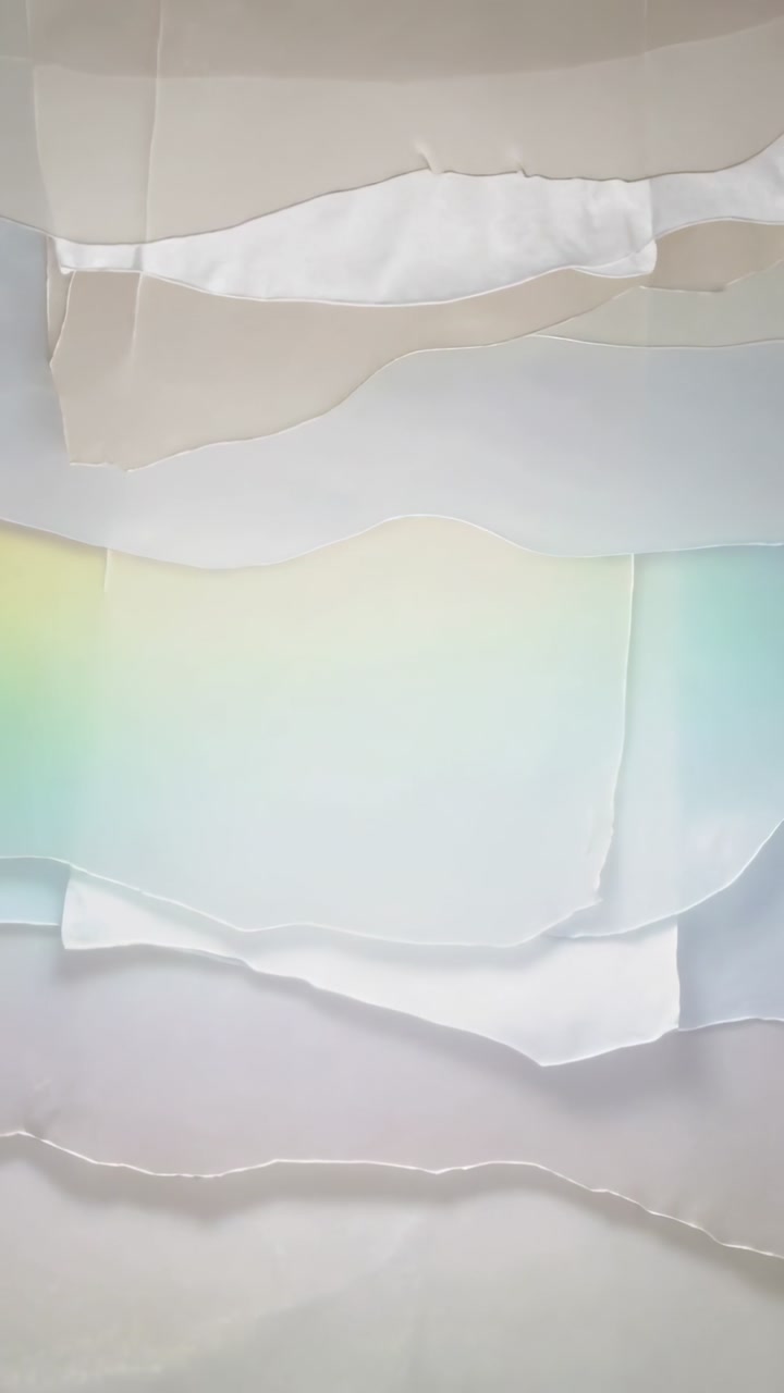 Vertical video: Shifting torn paper folds moving up from light shift in studio, with rainbow sheen