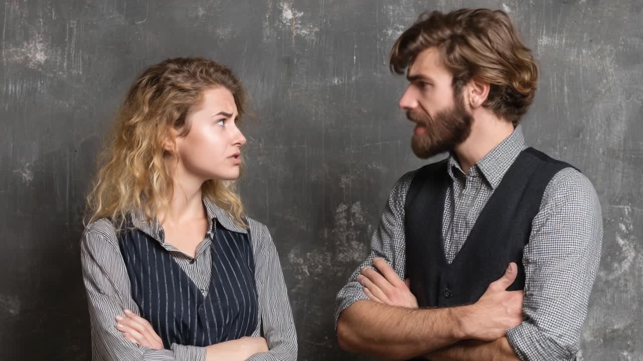 Tensione nel dialogo: momenti accattivanti tra due persone in una conversazione seria, che riflettono espressione ed emozione su uno sfondo grigio grunge