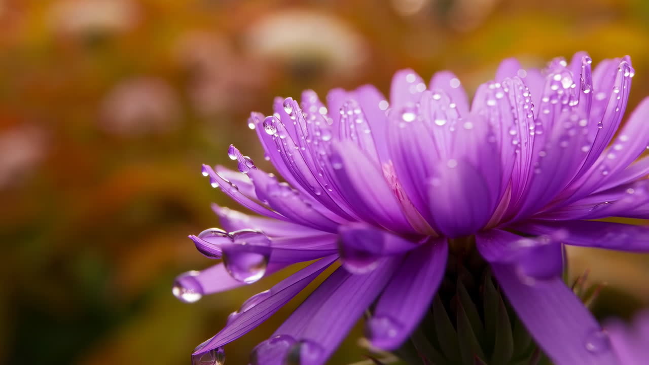 물방울 이 있는 보라색 꽃 의 클로즈업