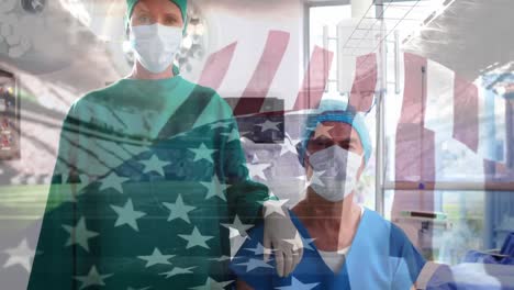 Animation-of-flag-of-usa-waving-over-surgeons-in-face-masks