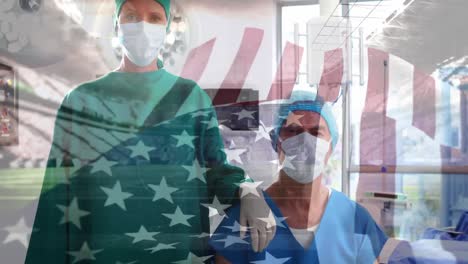 animación de la bandera de los estados unidos ondeando sobre los cirujanos con máscaras faciales