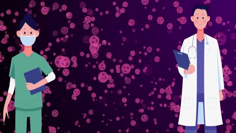 Animation-of-caucasian-doctors-over-pink-cells-on-violet-background