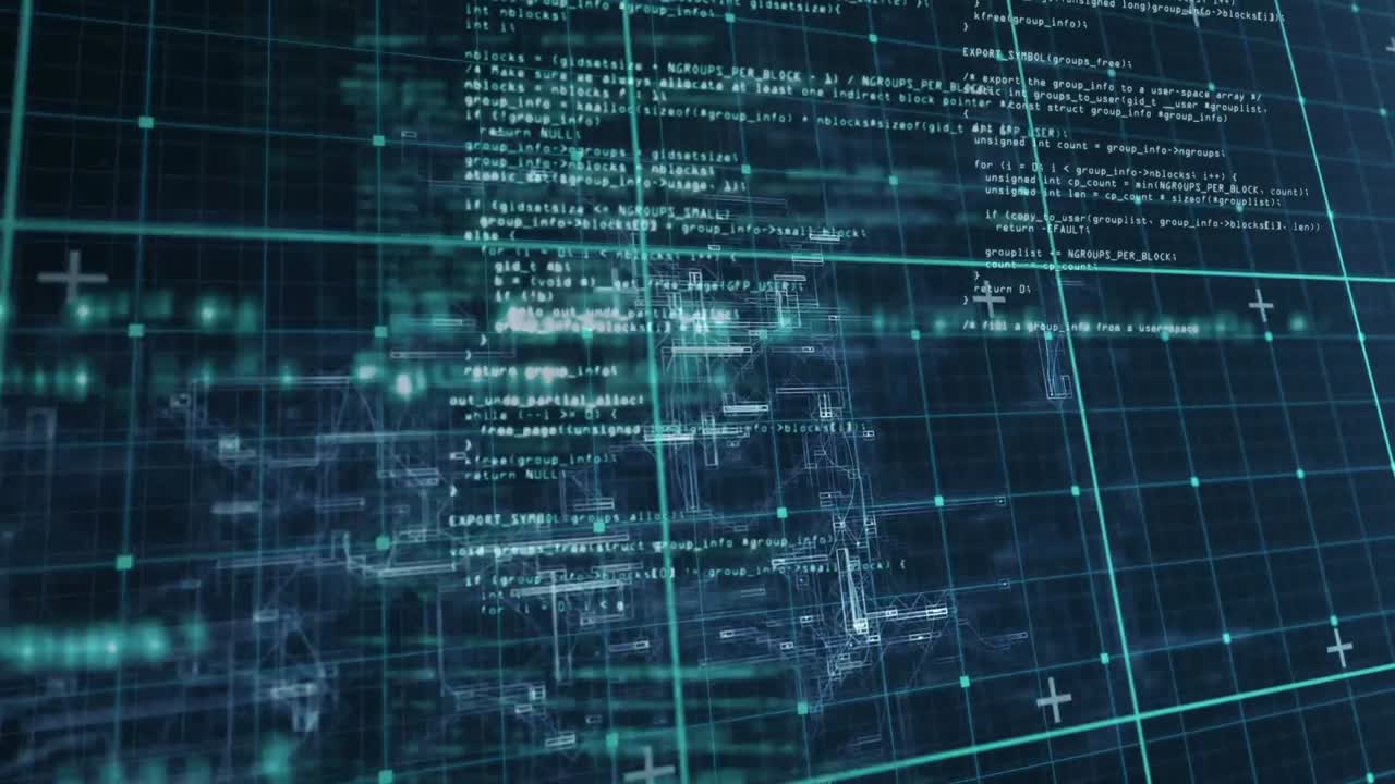 Animation of data processing over grid network against blue background