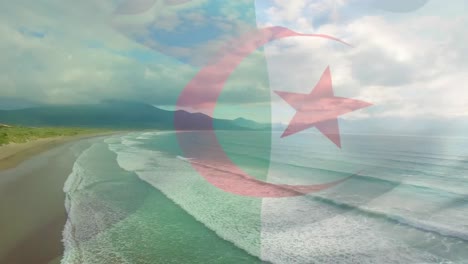 animation of flag of algeria blowing over beach landscape