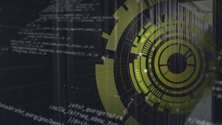Animation of spinning round scanner and data processing against computer server room