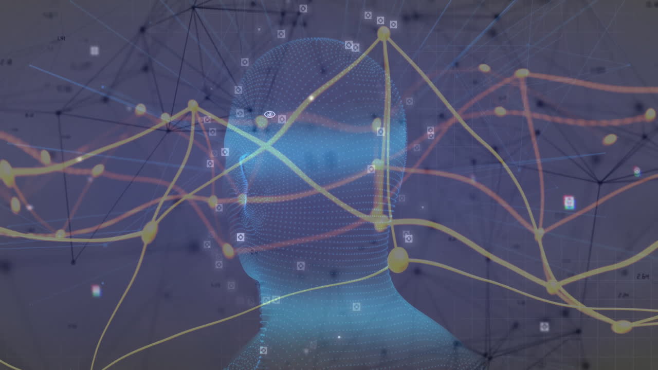 3D render displaying blue mesh head glowing while yellow orange network lines streaming
