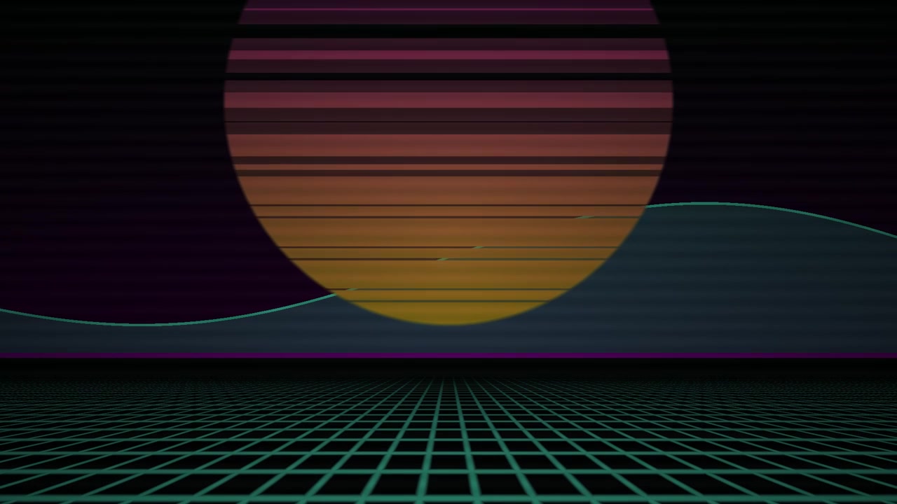 Griglia Synthwave Retro Animata con Tramonto Stilizzato