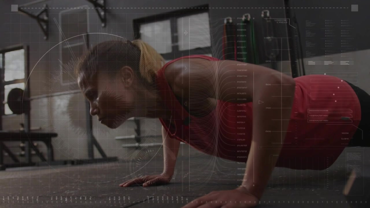 Fitness trainee starting high-plank, doing push-ups on mat, HUD tracking reps metrics for strength