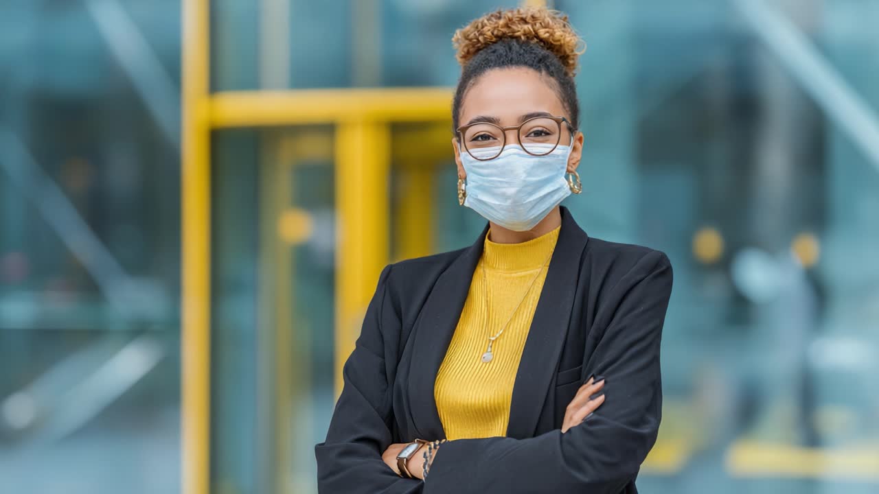 Professionista Fiduciosa con Mascherina Abbraccia la Nuova Normalità, in Posa a Braccia Conserte Contro uno Sfondo Urbano Moderno
