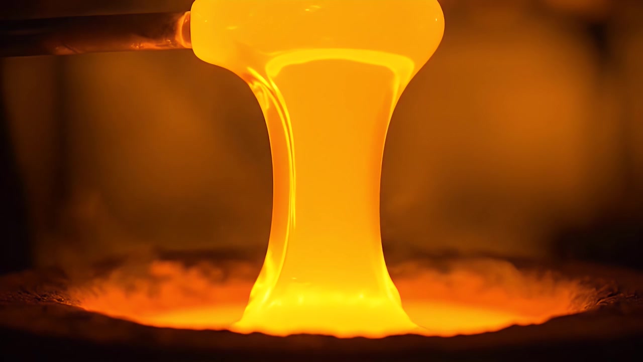 Geschmolzenes Glas wird in einer Glasbläserei gegossen