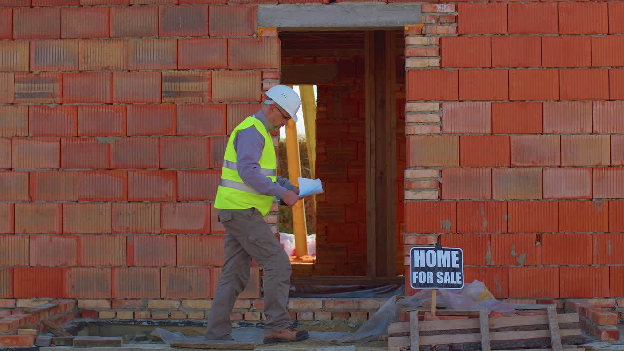Professional builder worker architect analyzes blueprints, dimensions at construction house site