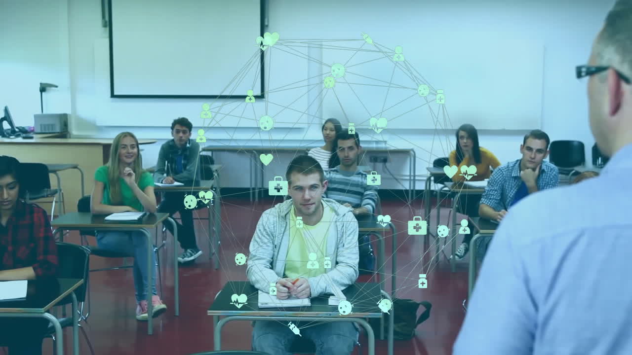In school, students interacting with digital network animation overlay in classroom