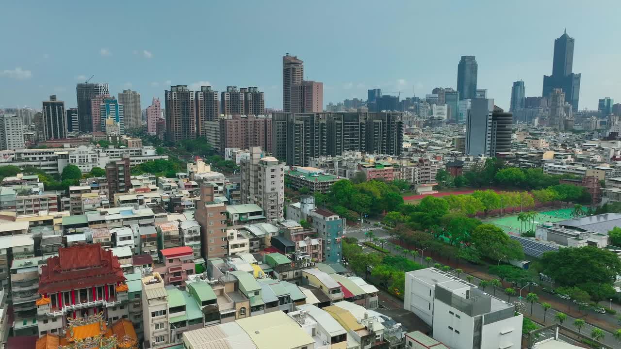 Aerial panorama of skyline with high-rise buildings in kaohisung town during sunny day - south east asia, taiwan