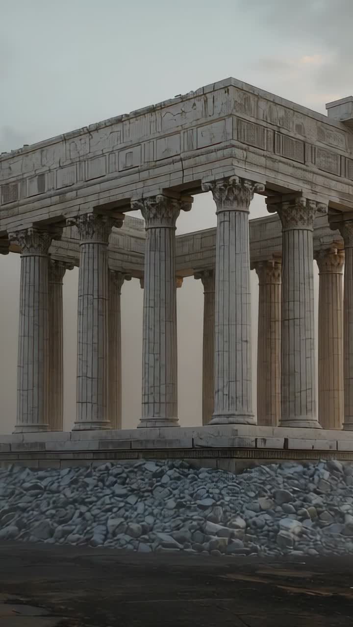 Video verticale: la camera inizia a spingere verso l'interno, tempio colonnato che rivela la pietra consumata sulla piattaforma