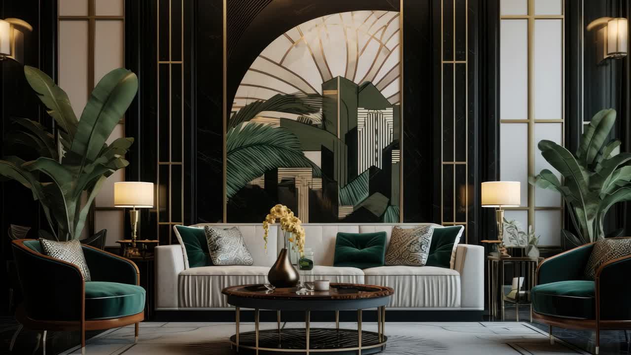 Luxurious art deco living room with a symmetrical front-facing camera angle