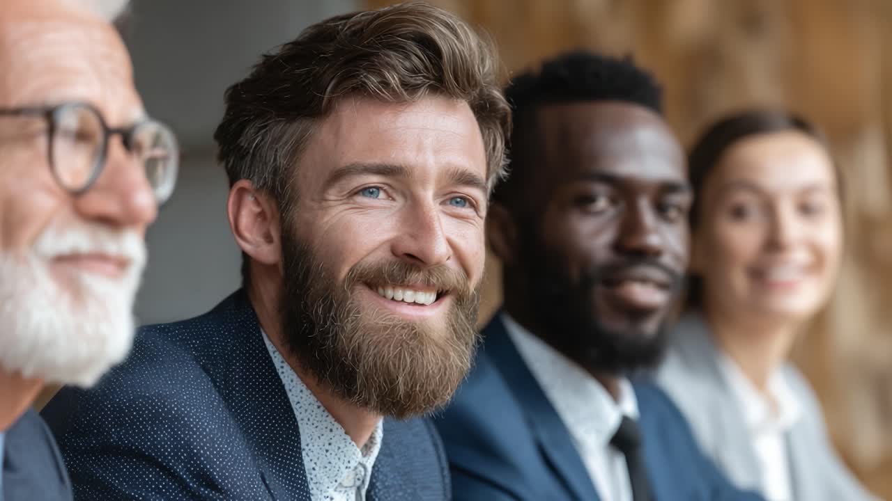 Un groupe de professionnels souriants engagés dans une conversation réfléchie, mettant en valeur la diversité et la camaraderie dans un environnement de travail moderne