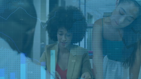 business data analytics animation over diverse team collaborating in office