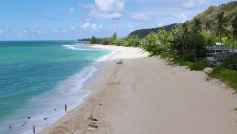 bañistas de tiro izquierdo de dolly aéreo disfrutando de un día soleado en la costa norte de oahu