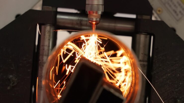 CNC Laser cutting of metal, modern industrial technology.