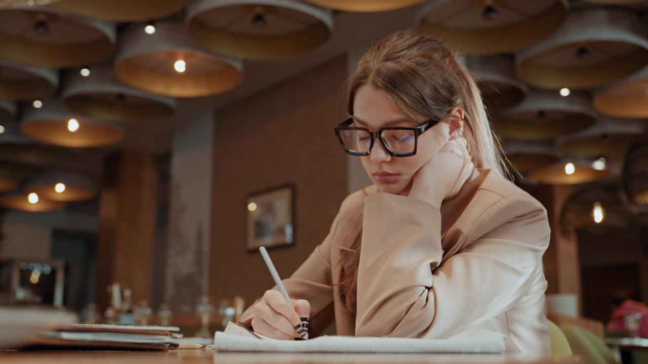 Ung kvinde skriver på en café, briller og notesbog, varme pendellamper, træbord, kaffekop og bærbar computer i nærheden, fokuseret eftertænksomt udtryk, afslappet blazer, freelance designer skitserer ideer