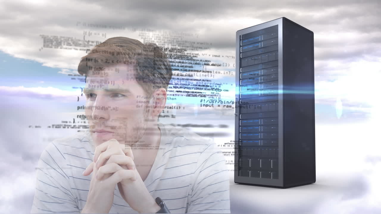 Animation of data processing over businessman and computer server