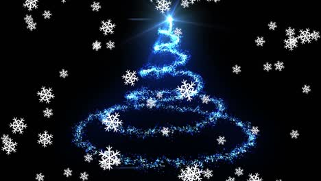 Star-drawing-shape-of-christmas-tree-over-snow-falling-on-black-background