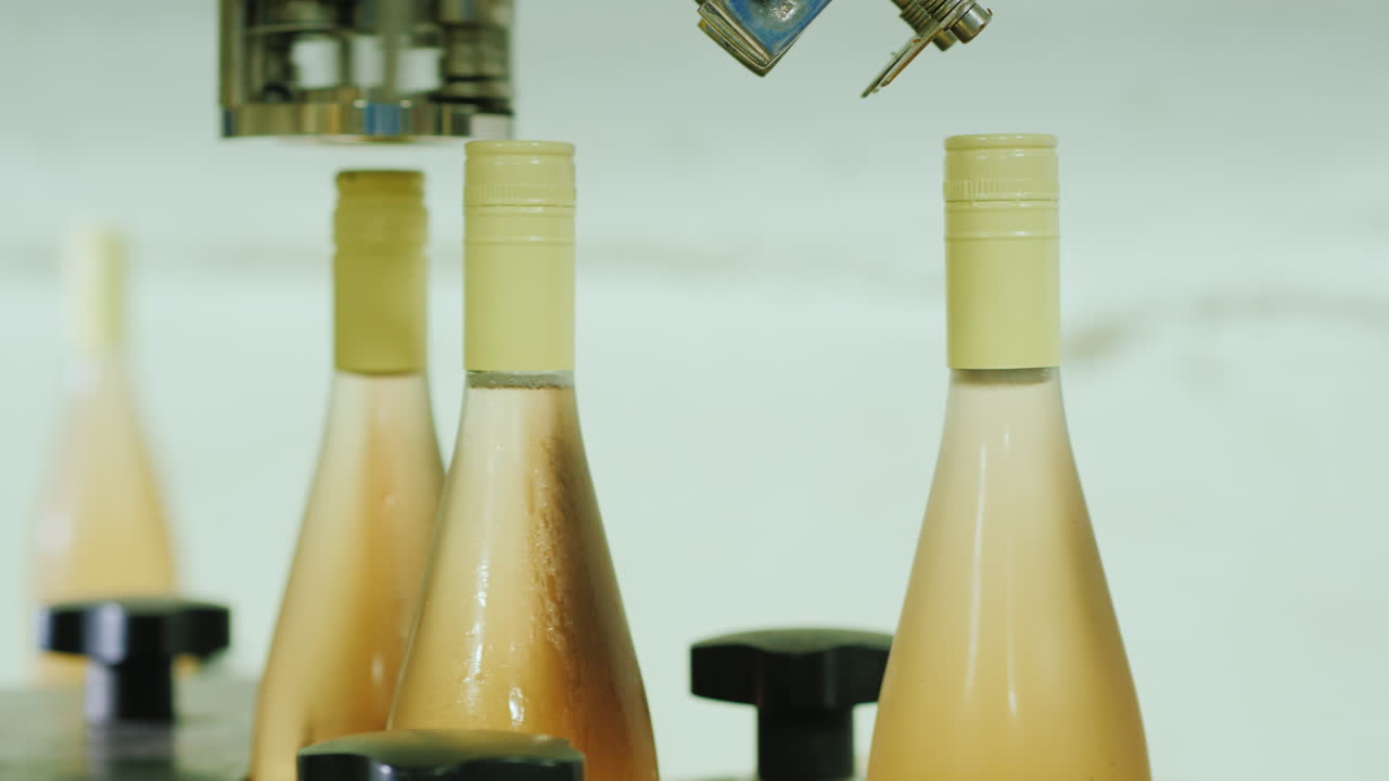 컨베이어를 따라 물로 세척되는 차로 이동하는 와인 병