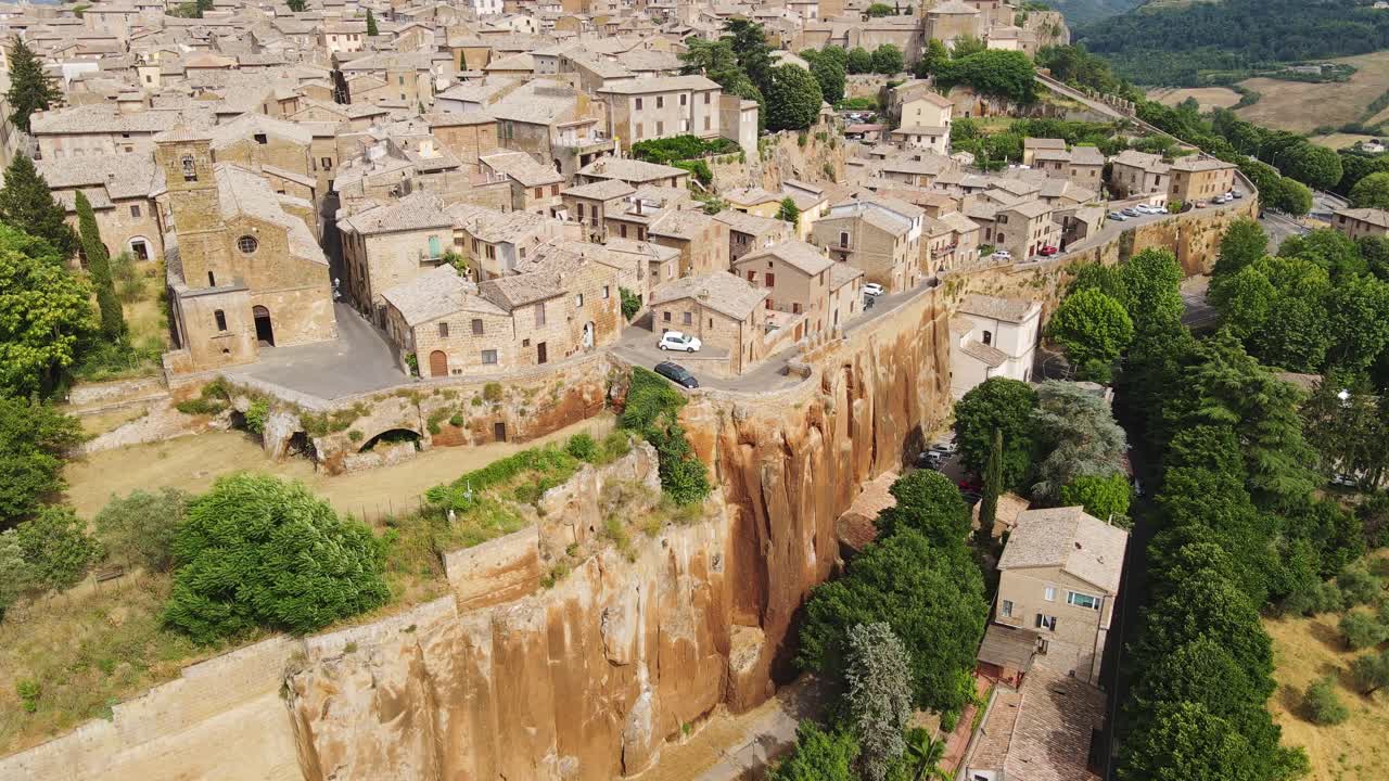 Drone view of Orvieto in Italy - medieval town perched atop golden cliffs, 4K