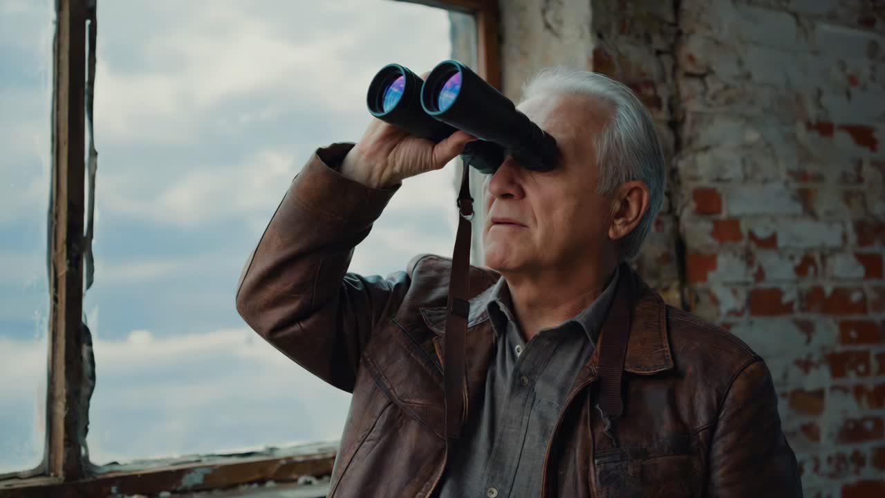 Mature man using binoculars indoors