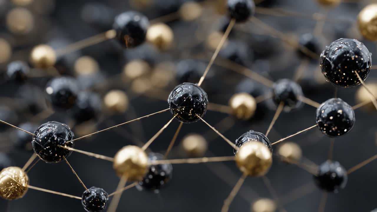 An Intricate Network of Black and Gold Particles Showcasing the Beauty of Molecular Structures and Their Interconnections in a Stunning Visualization