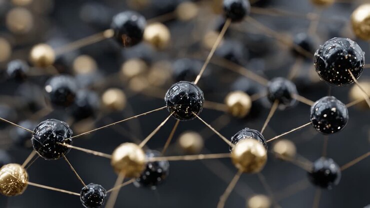 Un'intricata rete di particelle nere e dorate che mostrano la bellezza delle strutture molecolari e le loro interconnessioni in una straordinaria visualizzazione