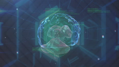 animation of data processing and rotating brain in tunnel on dark background