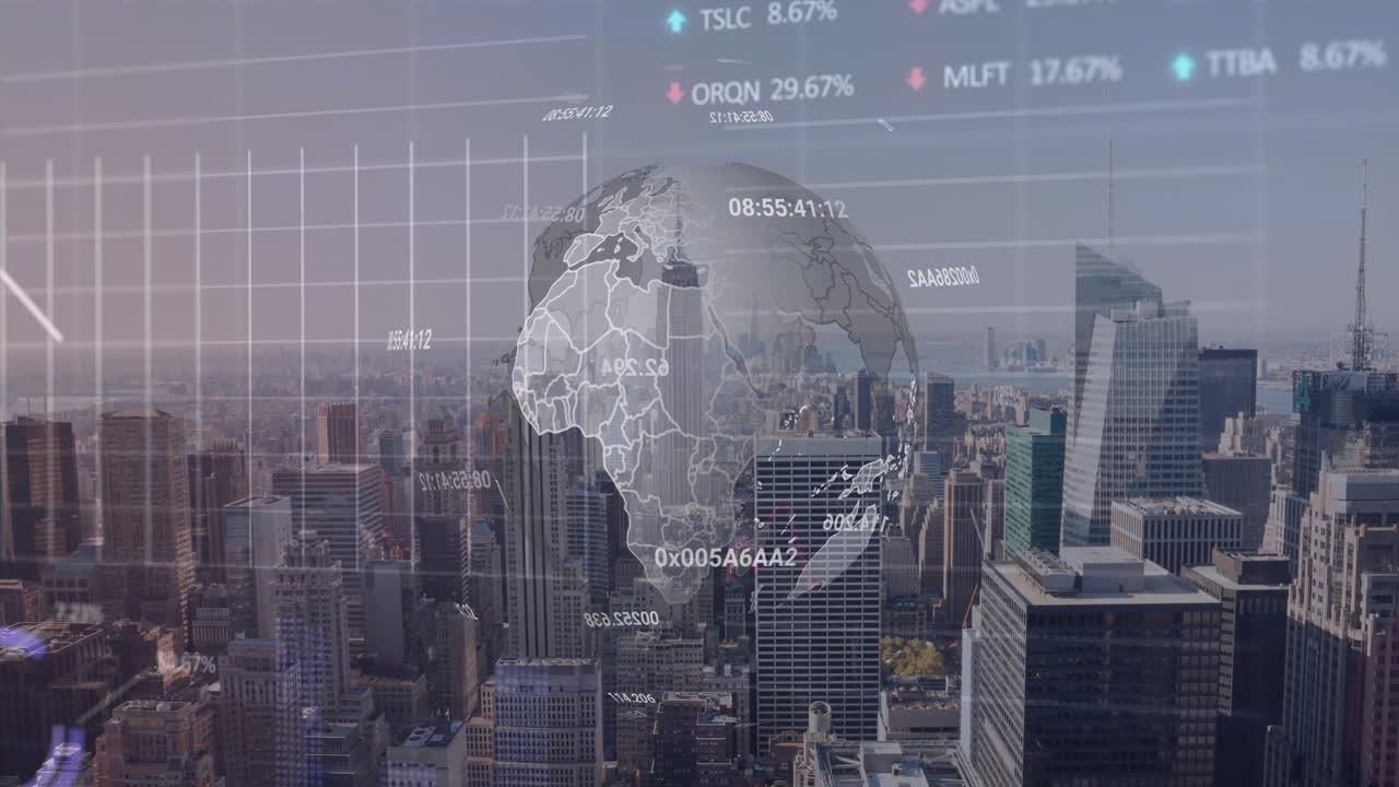animación de globo giratorio, estadístico, procesamiento de datos del mercado de valores sobre una vista aérea del paisaje urbano