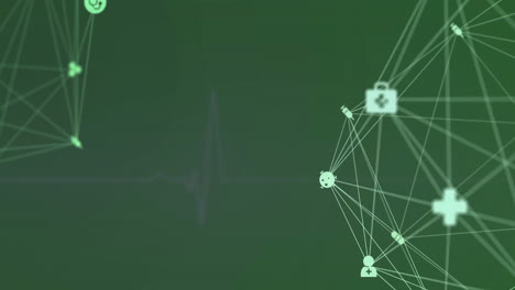 animation of network of connections with medical icons over cardiograph on green background