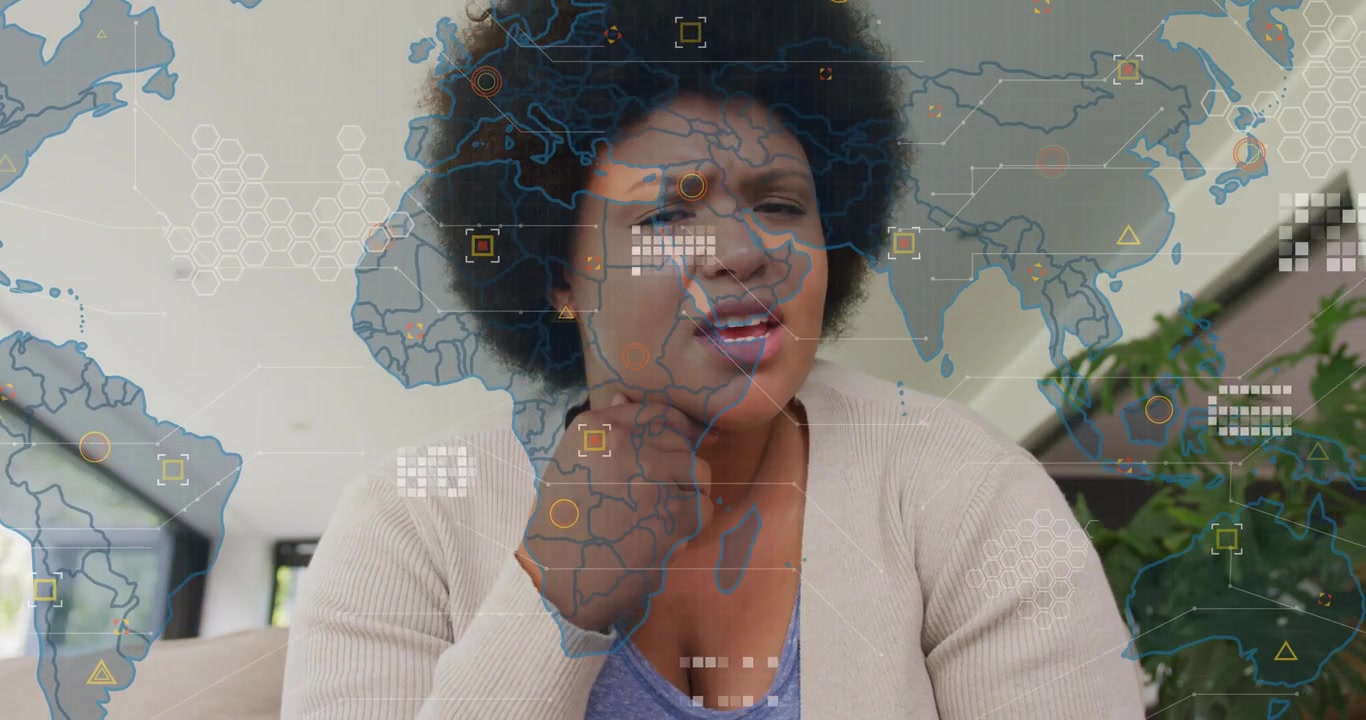 Woman resting chin on hand, watching map overlay appearing and layering data icons for business