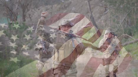 animation of flag of usa over diverse soldiers