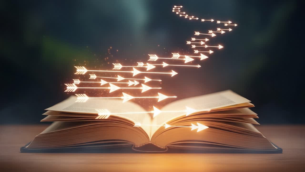 Exploring the Magic of Reading: An Enchanted Book with Shimmering Arrows Dancing from Its Pages, Inviting Imagination and Wonder to Flow Freely