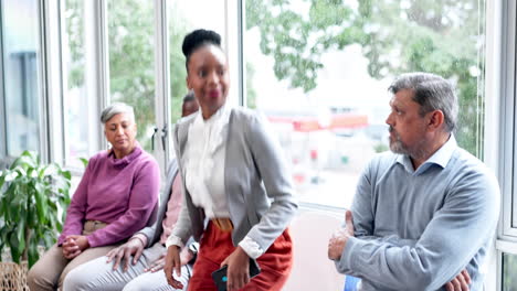 woman, interview queue and manager with call