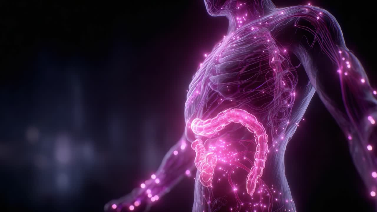 Una straordinaria visualizzazione dei sistemi interni del corpo umano, che evidenzia le intricate connessioni e funzioni del sistema digestivo in una rappresentazione vivida e luminosa.