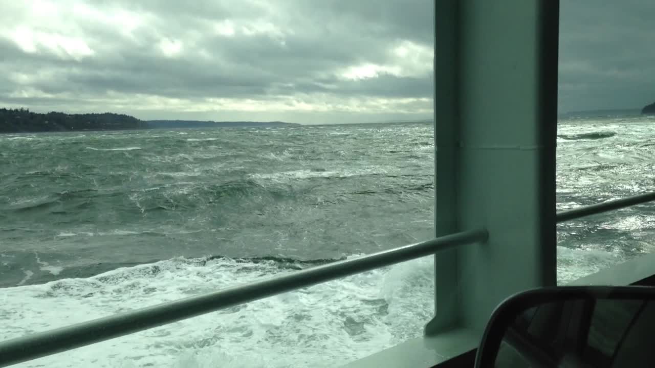 Storm causing massive waves during ferry crossing the Puget Sound in the Pacfic Northwest