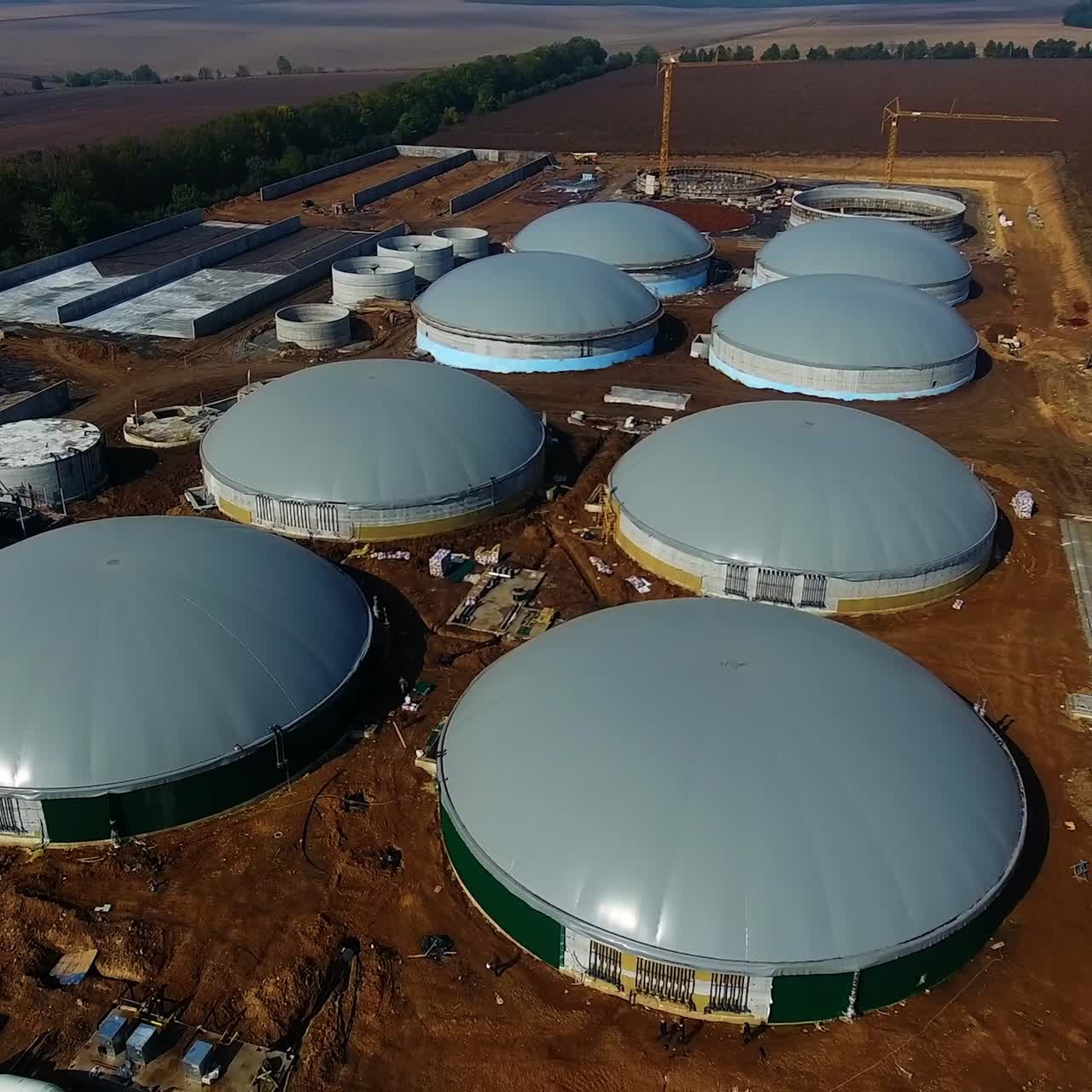 Modern biofuel factory building. Aerial view on biofuel plant. Ecological production. Bio gas station. View from above