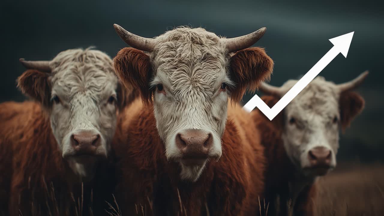 En trio af køer, der stirrer intenst på beskueren med en stigende trendindikator, der antyder vækst eller fremskridt inden for husdyrbrug