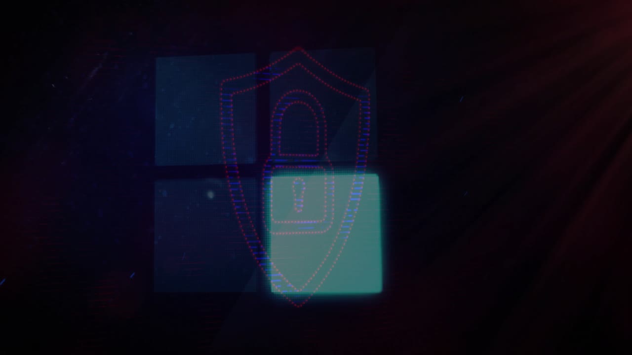Frames driving 2x2 grid pulsing cyan, swapping TR and BL, with padlock shield signaling security