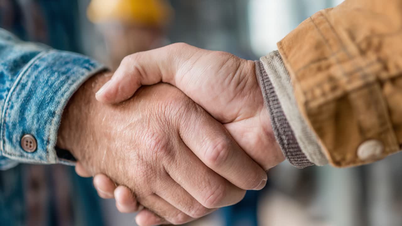 To personer giver hinanden et fast håndtryk, hvilket symboliserer enighed, samarbejde eller gensidig respekt i en professionel eller social sammenhæng med en sløret baggrund.