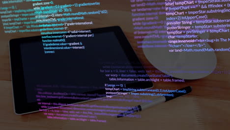 tablet with programming code and pen on wooden desk, animation showing