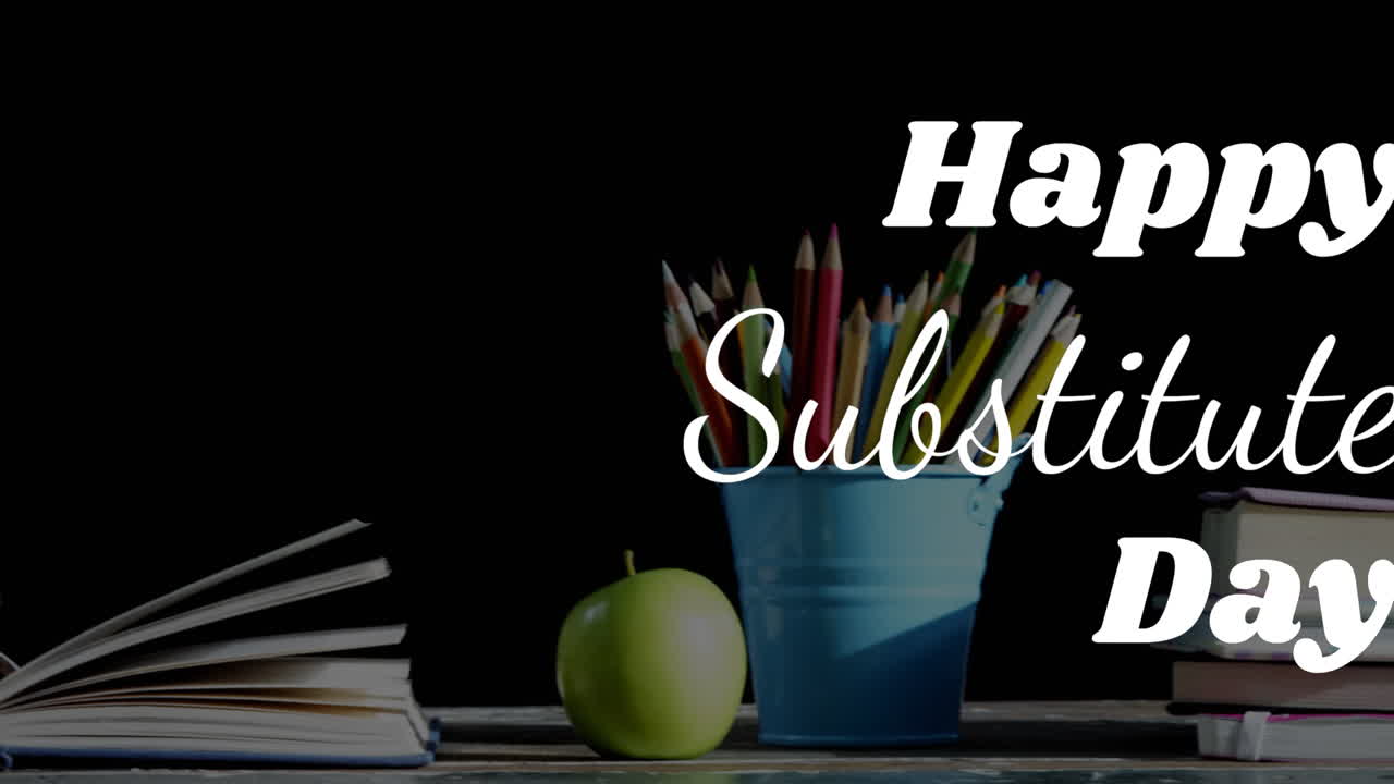 Animation of happy substitute day text and school items on black background