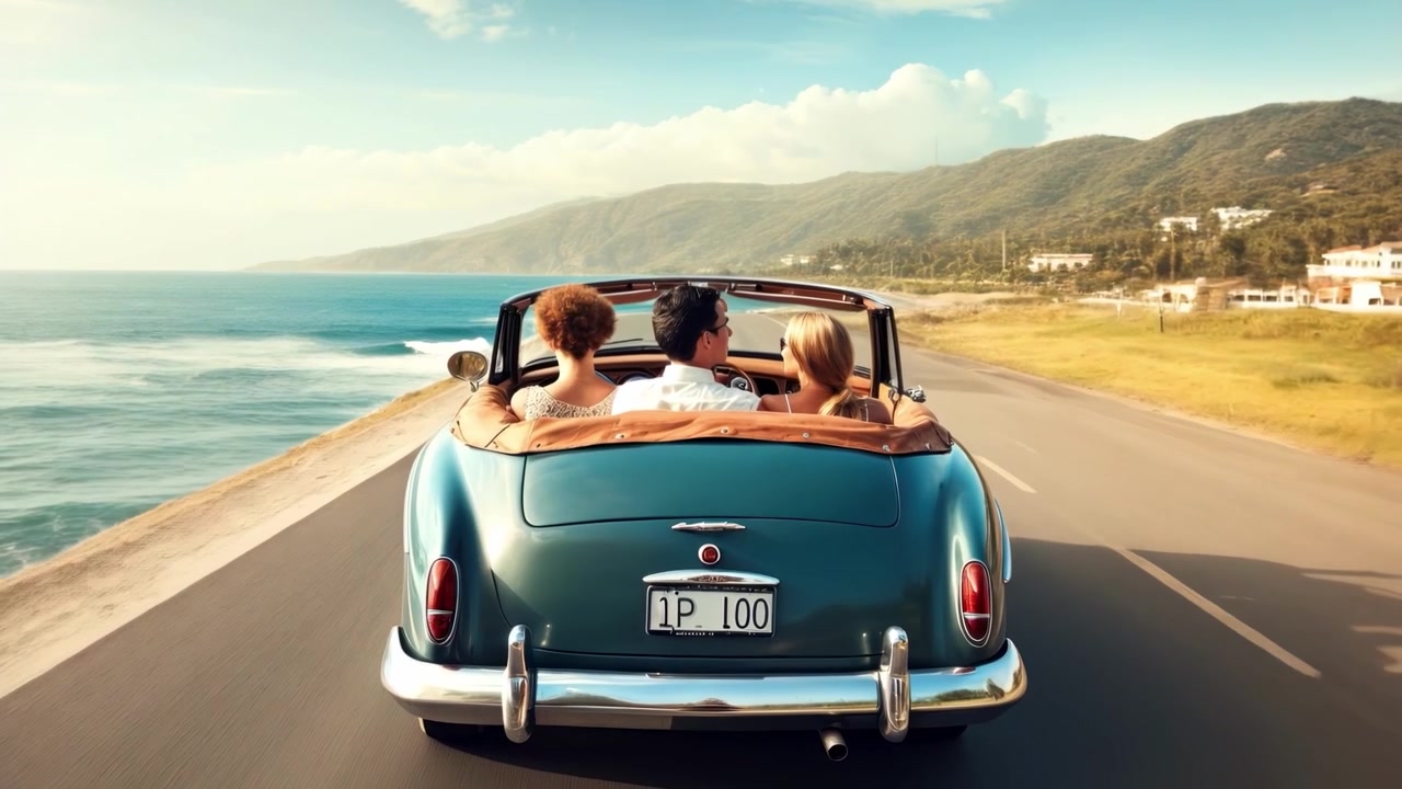 Drei Freunde fahren in einem Oldtimer-Cabriolet entlang einer Küstenstraße
